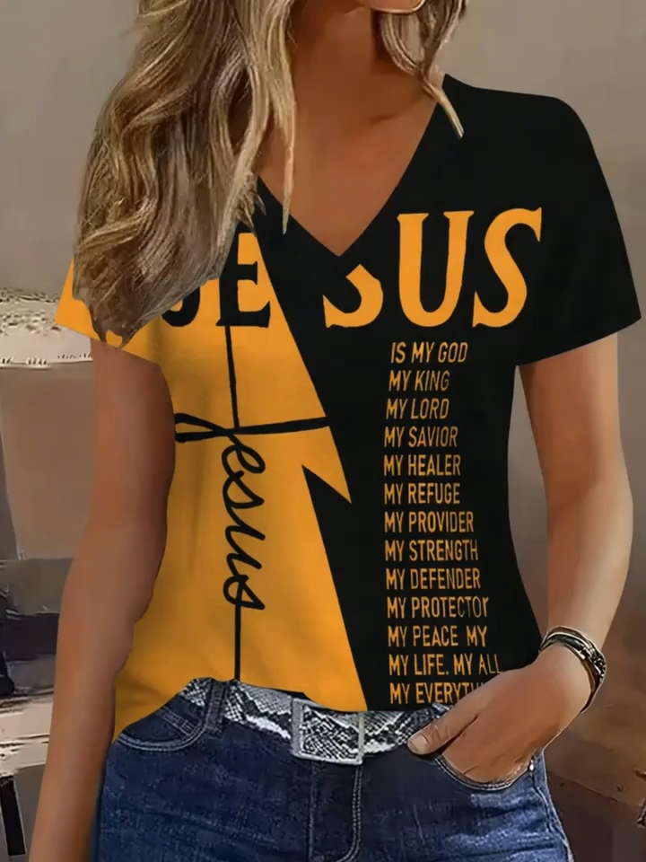 2D Printed Jesus Fashionable and Elegant Vacation Abstract Painting Letter Slogan Language Color Block Patchwork Graphic All-Over Print Breathable V-Neck Short Sleeve Faith T-Shirt, Casual Fashion Short Sleeve Women's S Shirt, New Summer Women's