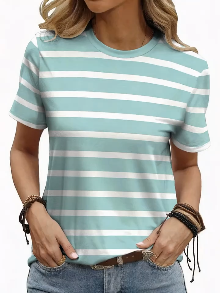 2D Print Casual Fashion Elegant Vacation Abstract Painting White & Green Contrast Stripe Graphic Full-Body Print Breathable Round Neck Short Sleeve T-Shirt, Casual Shirt, New Summer Women's Short Sleeve Top